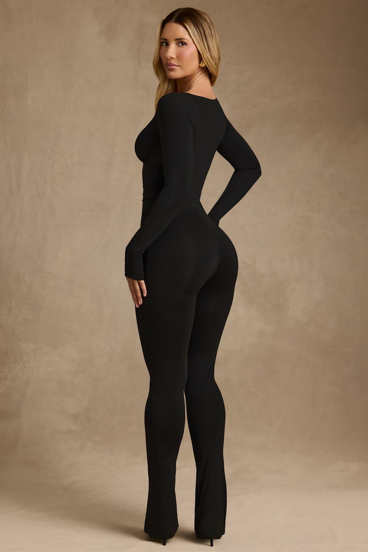 Modal Ruched Long-Sleeve Jumpsuit in Black Product Image