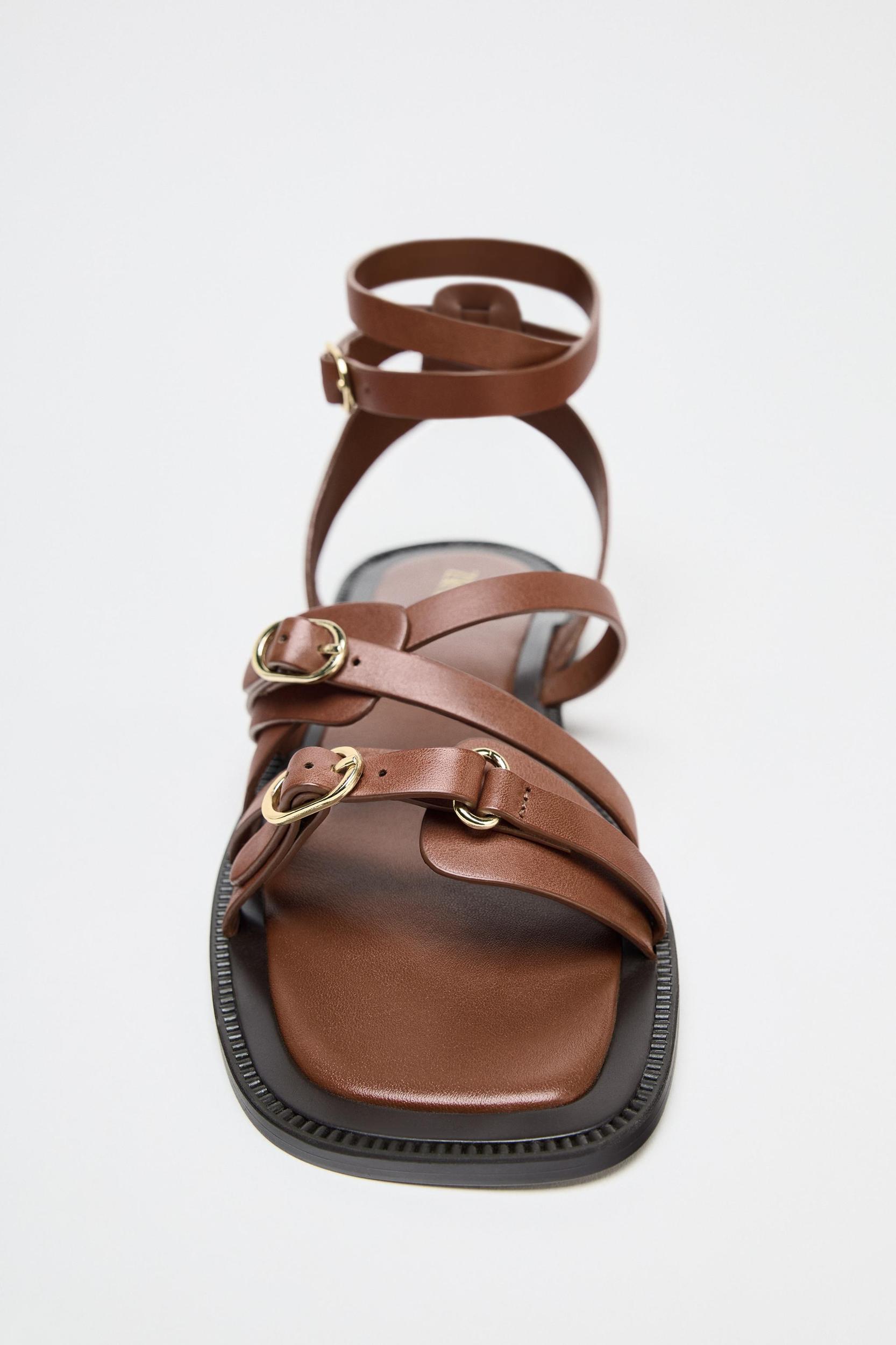 FLAT LEATHER STRAP SANDALS Product Image