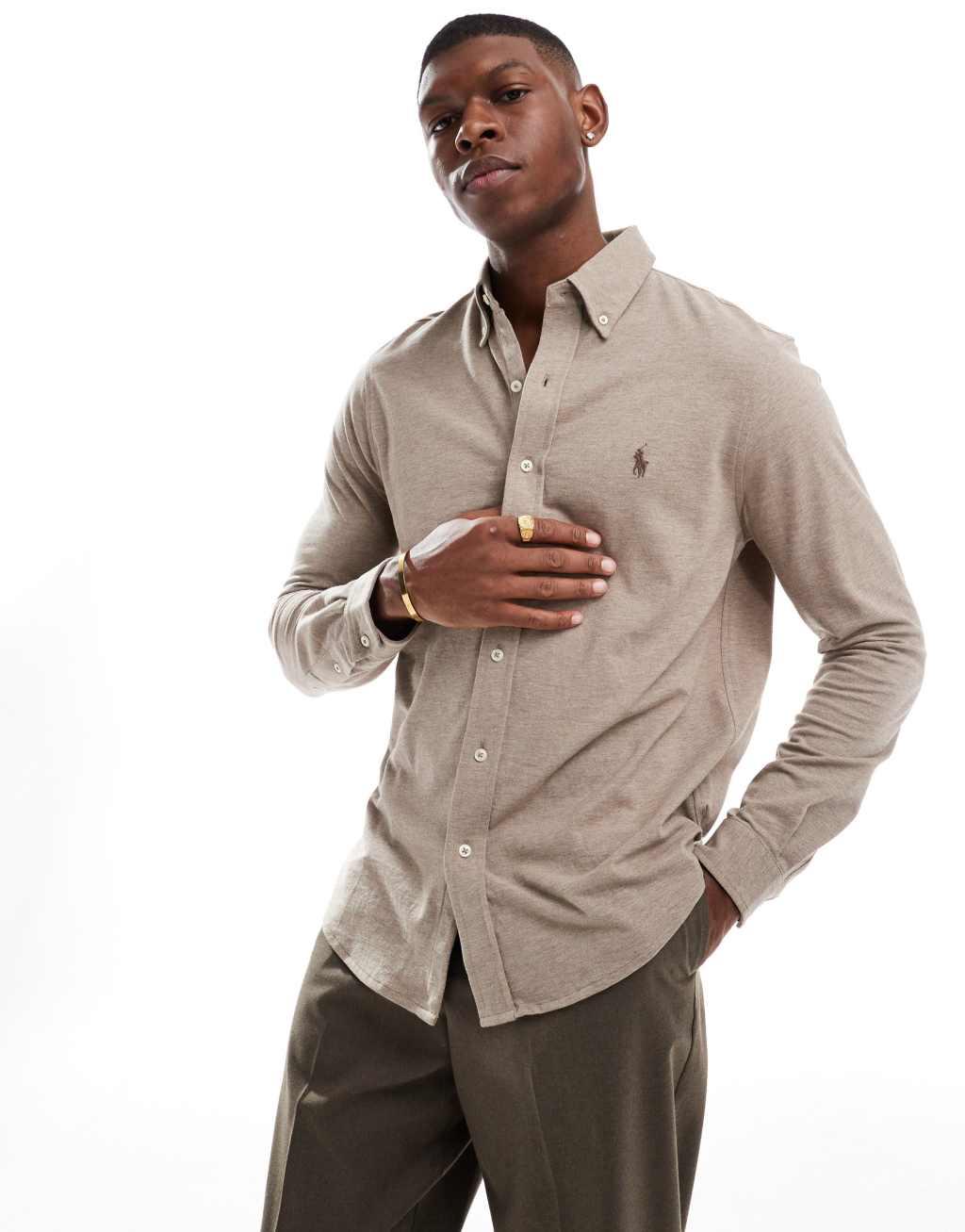 Polo Ralph Lauren icon logo pique shirt in heathered brown Product Image
