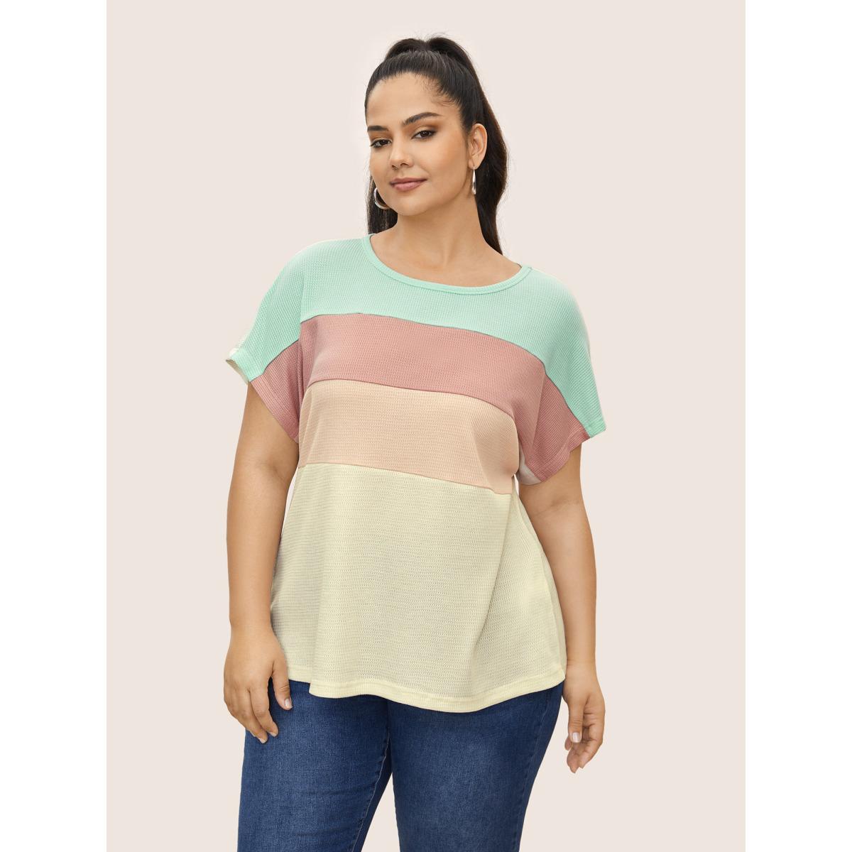 Plus Size Waffle Knit Colorblock Contrast Dolman Sleeve T-shirt Multicolor Women Casual Texture Round Neck Everyday T-shirts BloomChic 10/M Product Image