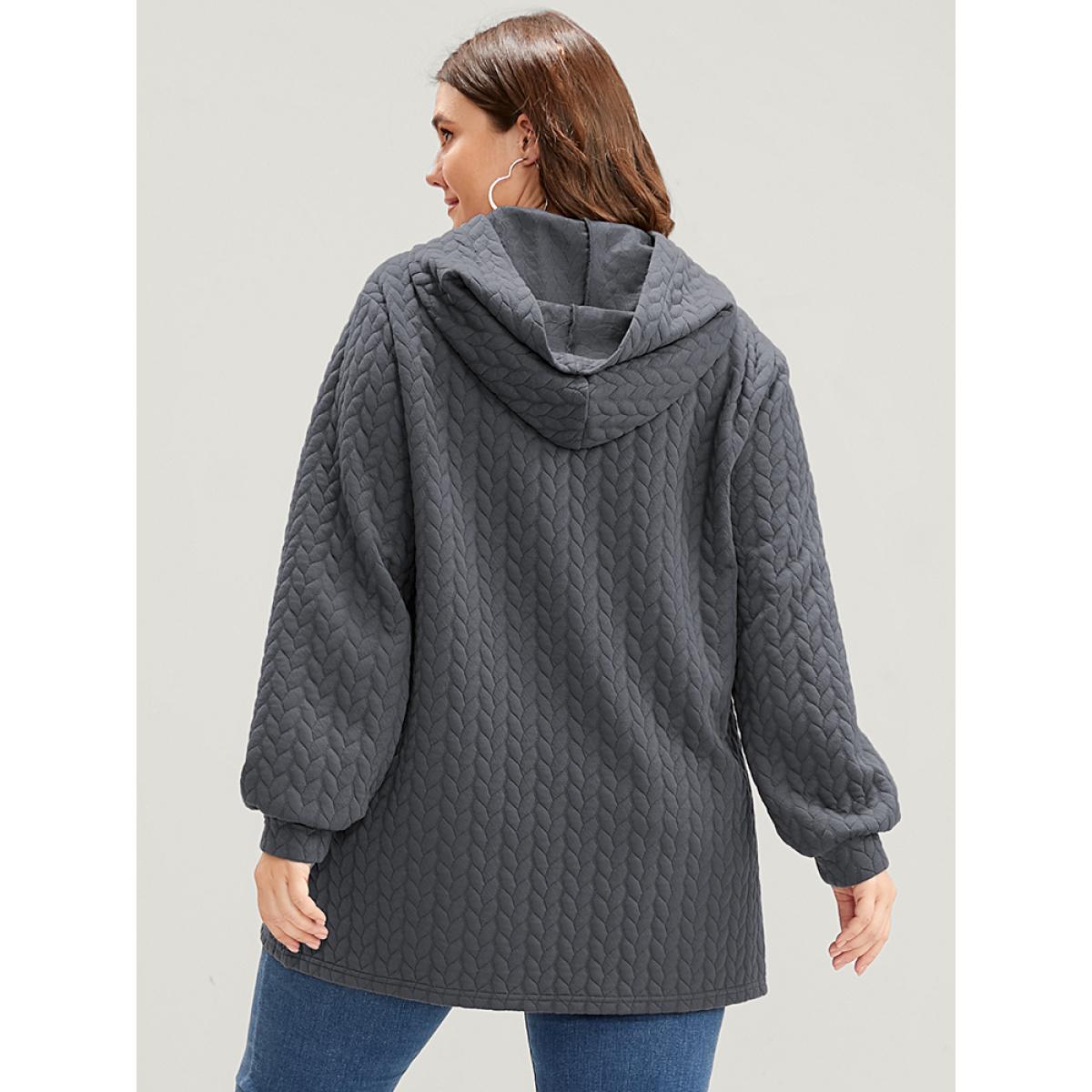 Plus Size Solid Asymmetrical Hem Cable Knit Hooded Sweatshirt Women DimGray Lounge Asymmetrical Hooded Everyday Sweatshirts BloomChic 28/5X Product Image