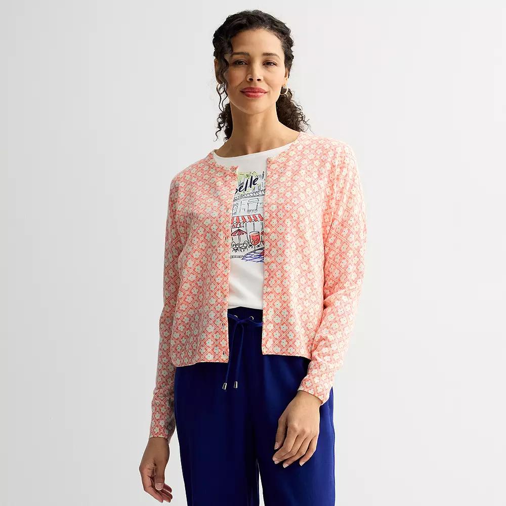 Women's Croft & Barrow® Crewneck Long Sleeve Classic Cardigan, Size: Small, Pink Floral Tile Product Image