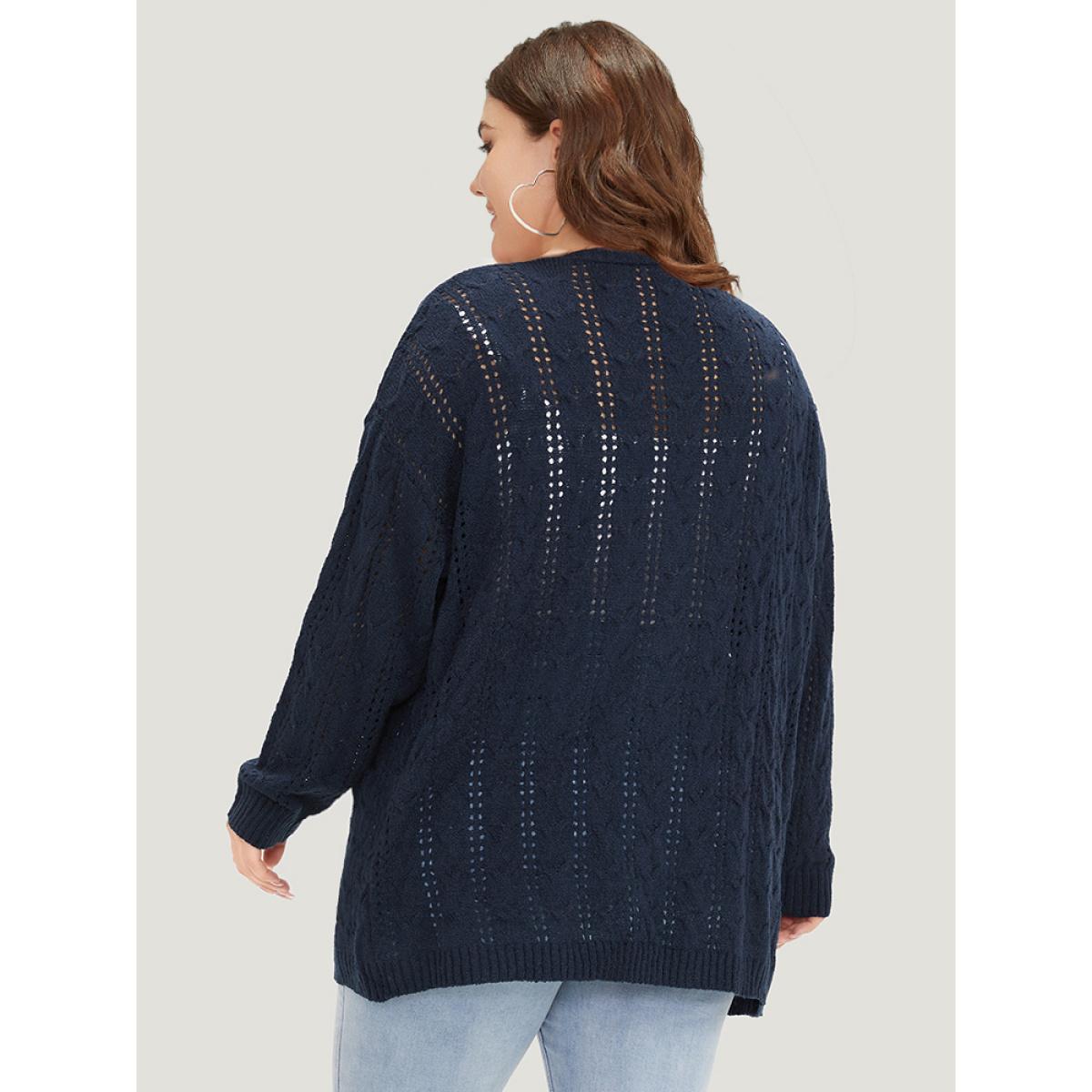 Plus Size Plain Eyelet Curved Hem Drop Shoulder Cardigan Indigo Women Casual Loose Long Sleeve Everyday Cardigans BloomChic 14-16/1X Product Image