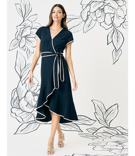 Maggy London Scuba Crepe Contrast Trim V-Neck Short Sleeve Tie Front Wrap Midi Dress Product Image