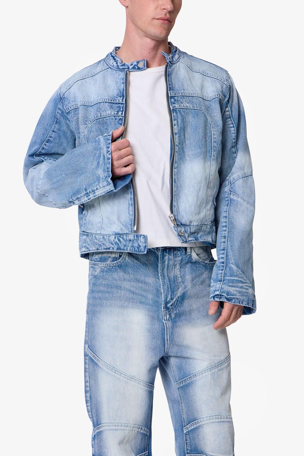 Paneled Moto Denim Jacket - Washed Blue Product Image