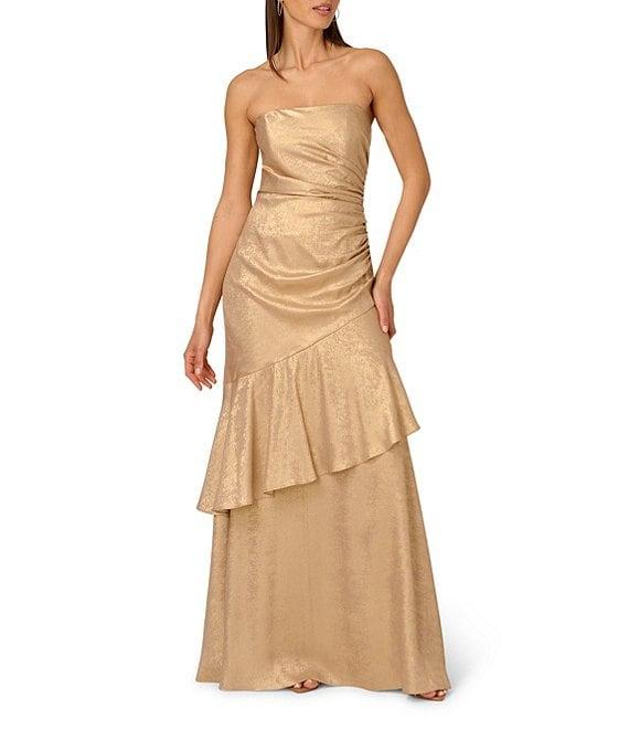 Adrianna by Adrianna Papell Foil Woven Strapless Side Ruched Asymmetrical Tiered Mermaid Gown Product Image
