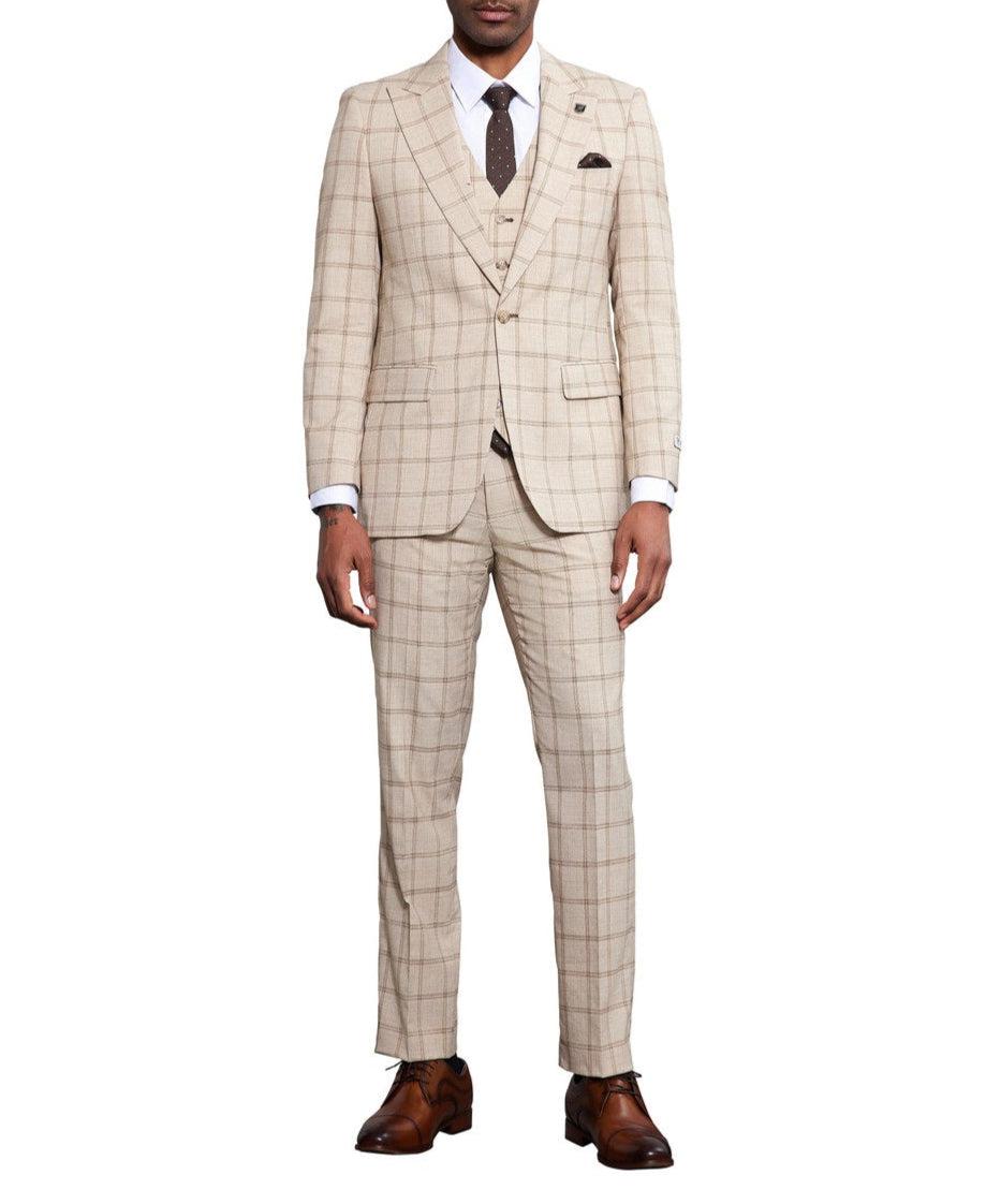 Stacy Adams - 3 Piece Windowpane Suit Hybrid Fit in Tan Product Image
