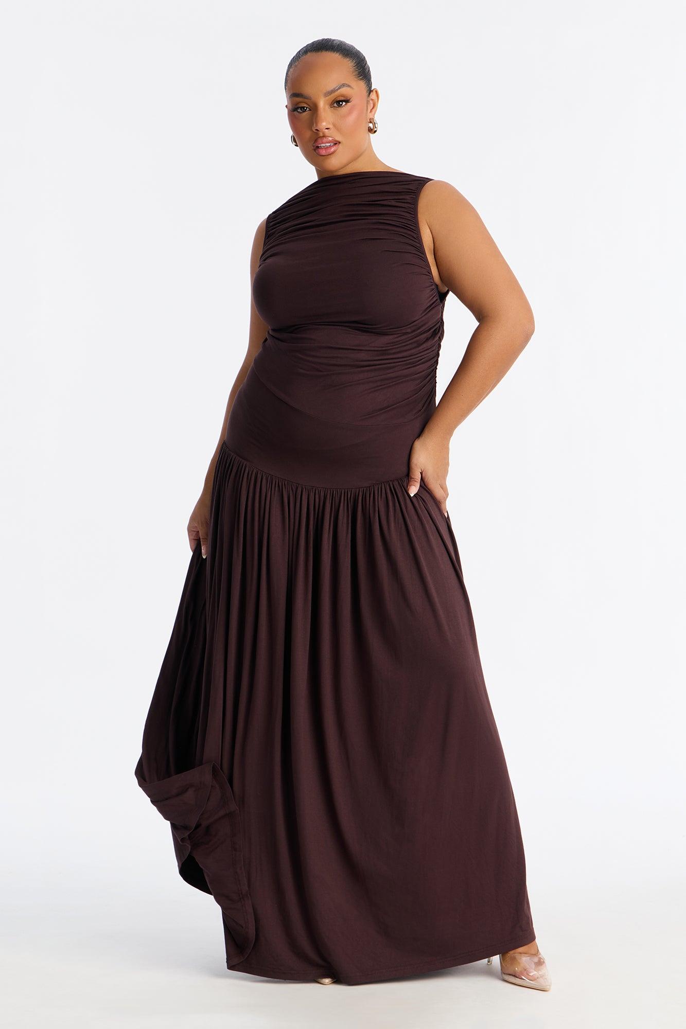 Maisie Ruched Drop Waist Maxi Dress - Chocolate Female Product Image