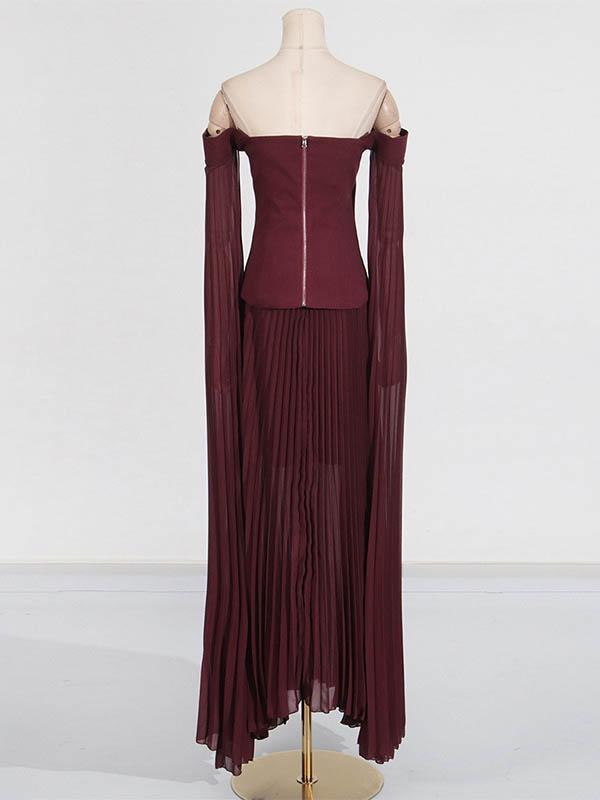 Flared Sleeves Solid Color Split-Joint Zipper Off-The-Shoulder Blouses&Shirts Tops + Pleated A-Line Skirts Bottom Two Pieces Set Product Image