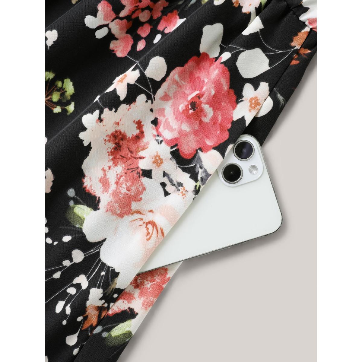 Plus Size Midnight Florals Cinched-Waist Pockets Midi Dress Black Women Overlap Collar Half Sleeve Curvy BloomChic 26/4X Product Image