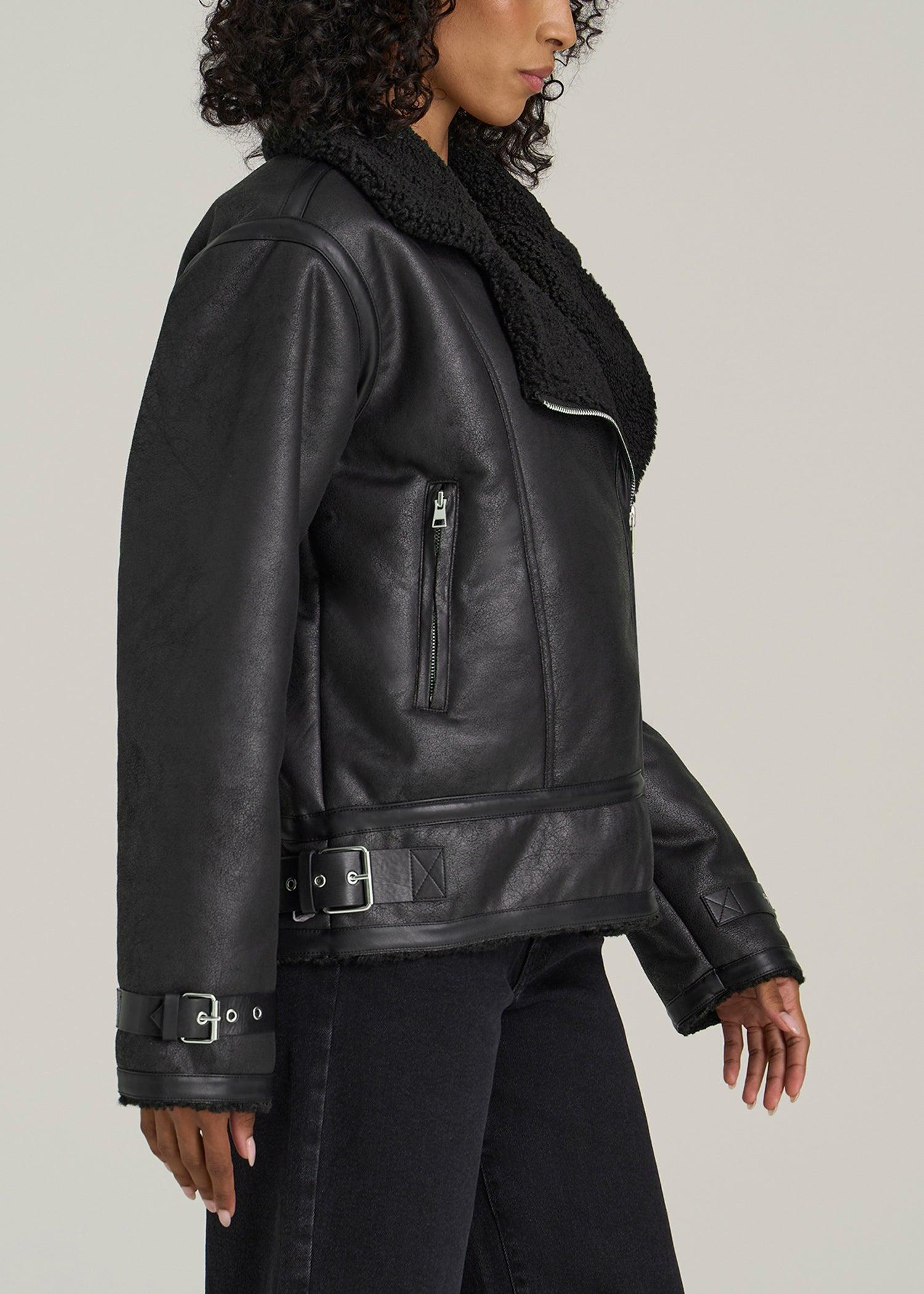 Shearling Moto Jacket for Tall Women in Black Female Product Image