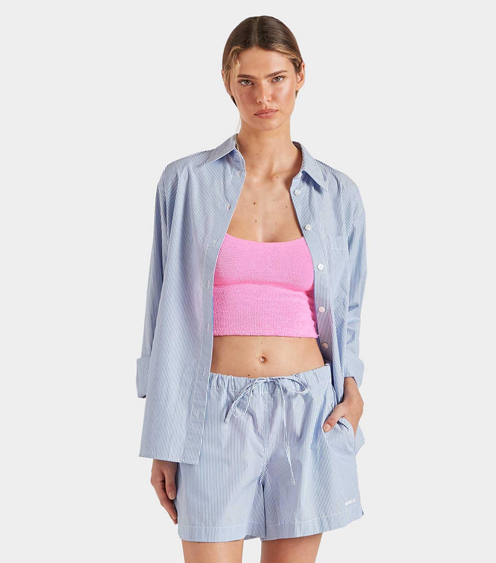 Embroidered Cotton Shorts - Blue Stripe Product Image