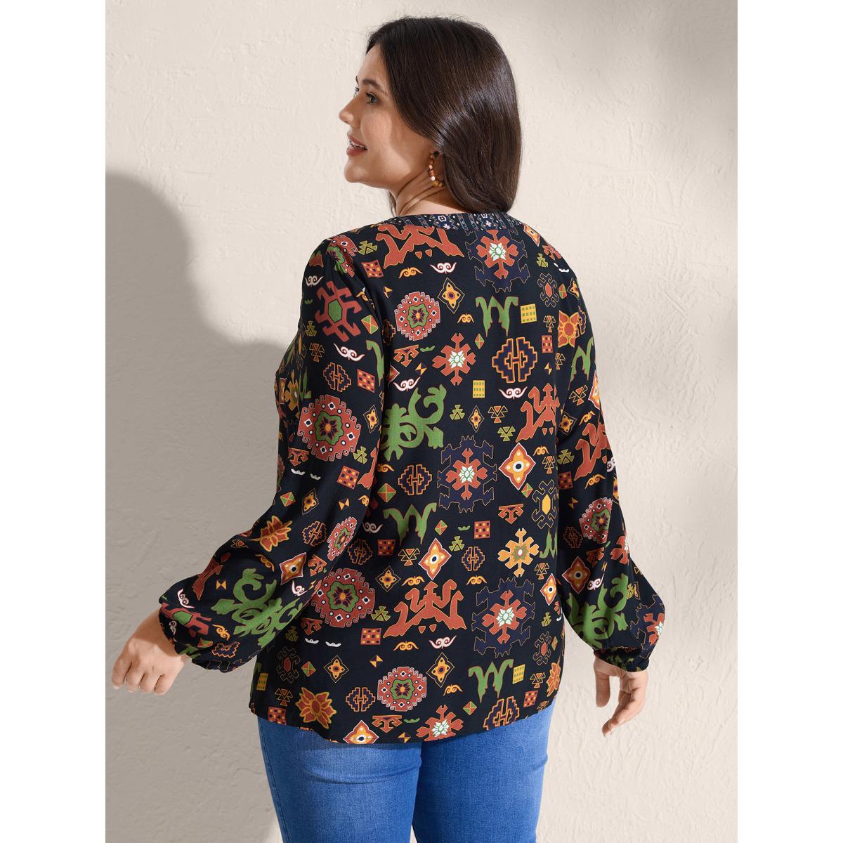 Plus Size Black Boho Geometric Pattern Split Neck Blouse Women Boho Long Sleeve Flat collar with V-notch Vacation Blouses BloomChic 10/M Product Image