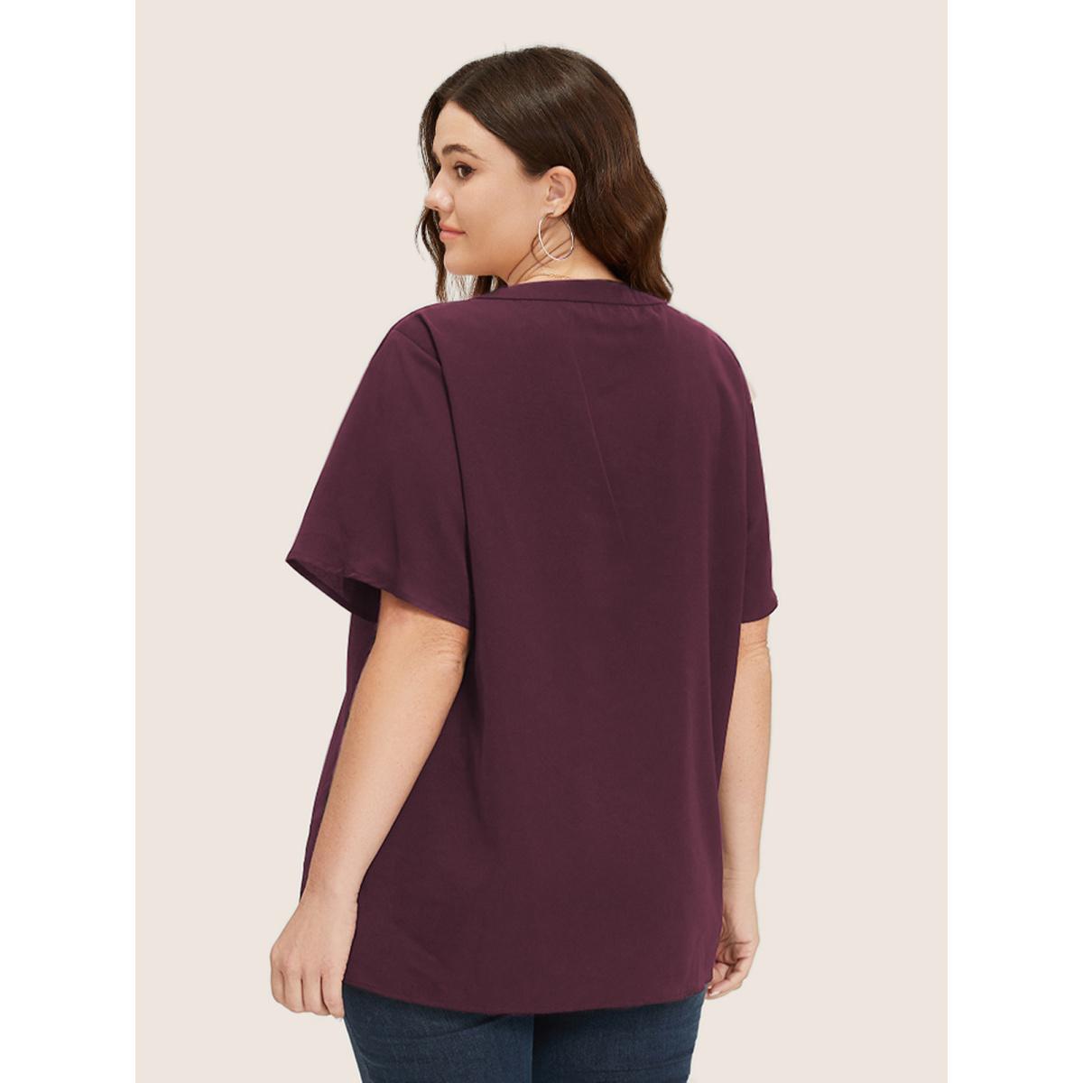 Plus Size Indigo Solid Crisscross Notched Metal Decor Blouse Women Office Short sleeve Notched collar Office Blouses BloomChic 10/M Product Image