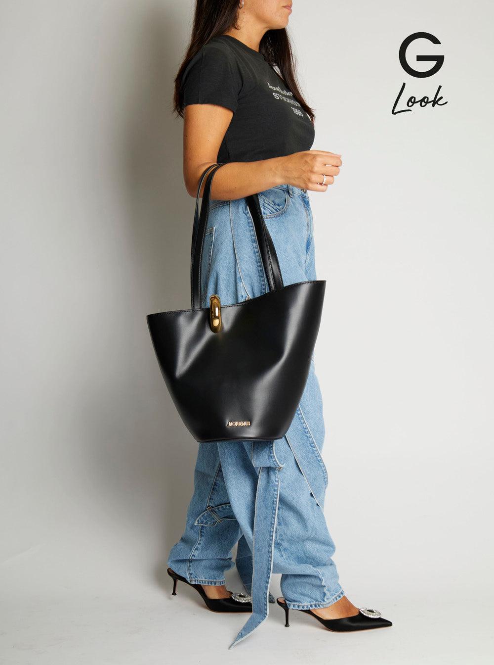 JACQUEMUS The Medium Bambola Asymmetric Leather Bucket Bag In Black 990 Product Image