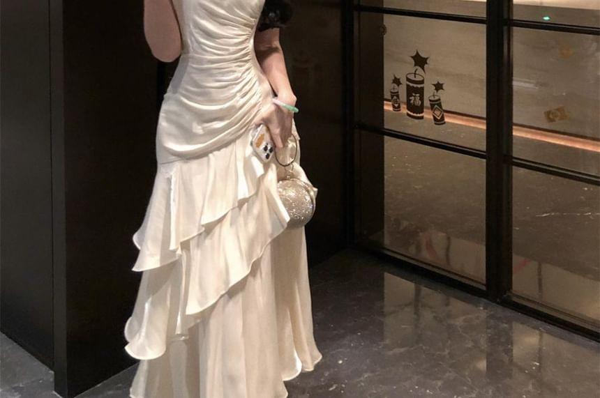 Spaghetti Strap Plain Ruched Ruffle Trim Maxi A-Line Dress Product Image