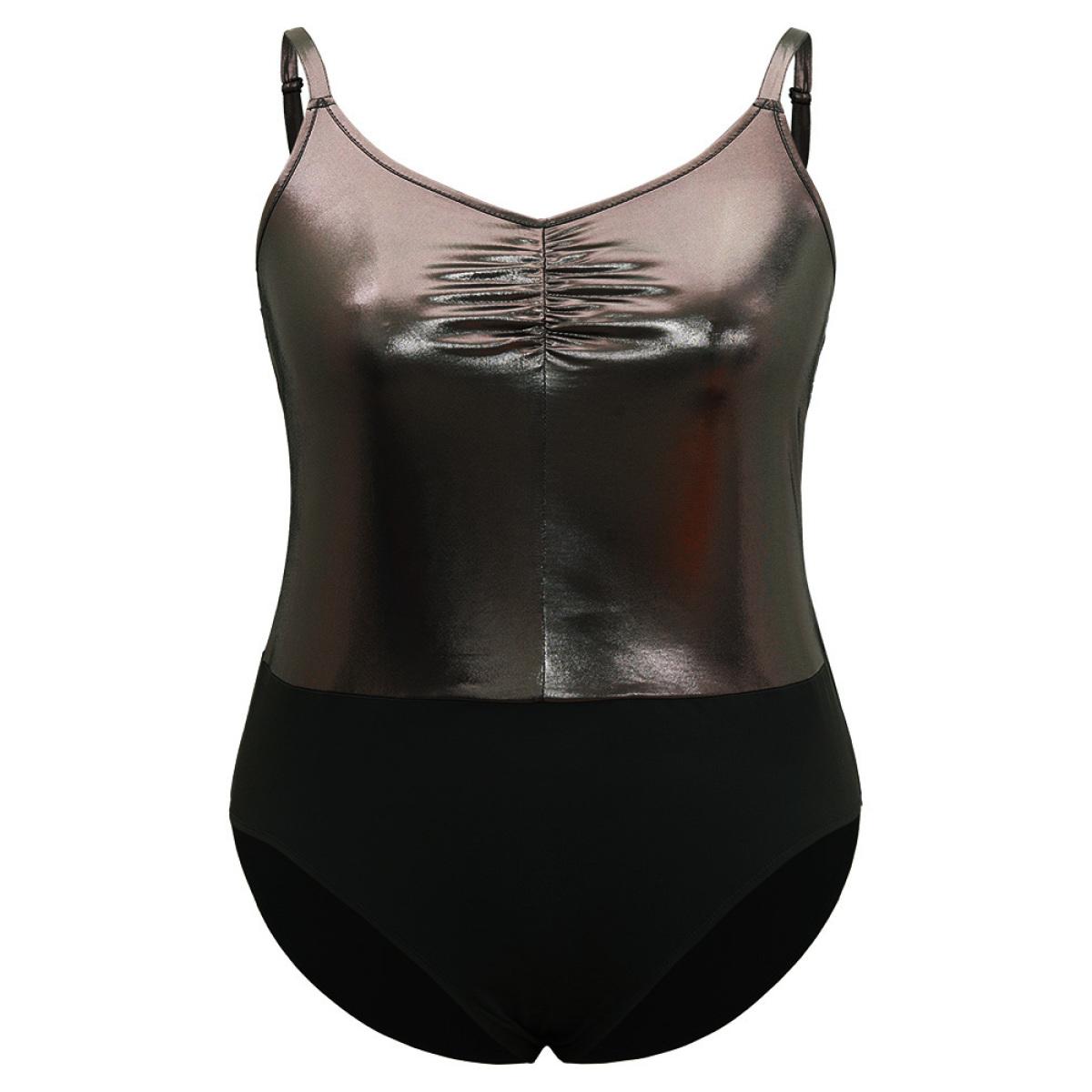 Plus Size Solid Patchwork Ruched Adjustable Straps Bodysuit Women Black Plain Gathered Bodysuits BloomChic 10/M Product Image