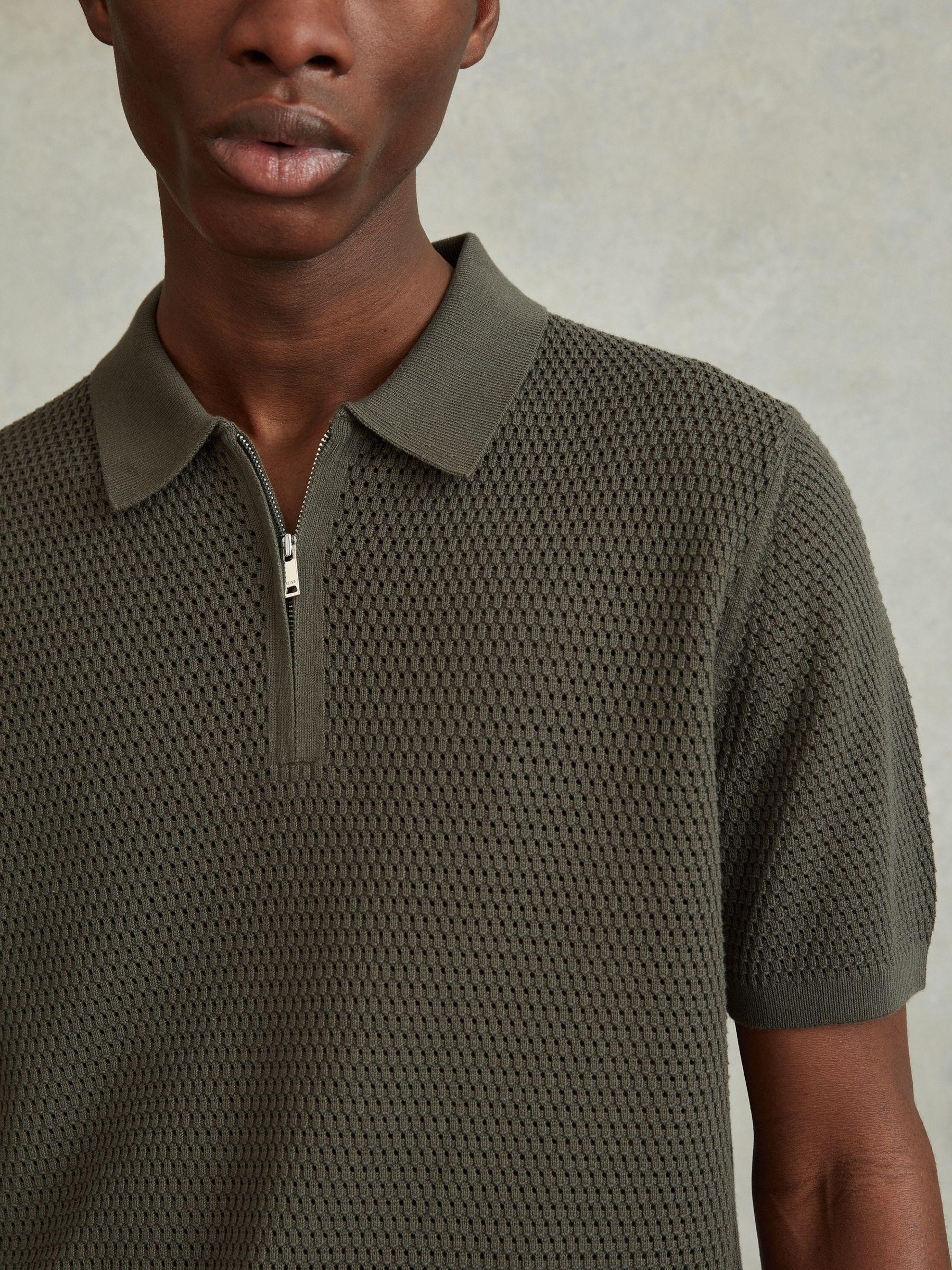 Cotton Blend Textured Half-Zip Polo Shirt in Dark Sage Product Image