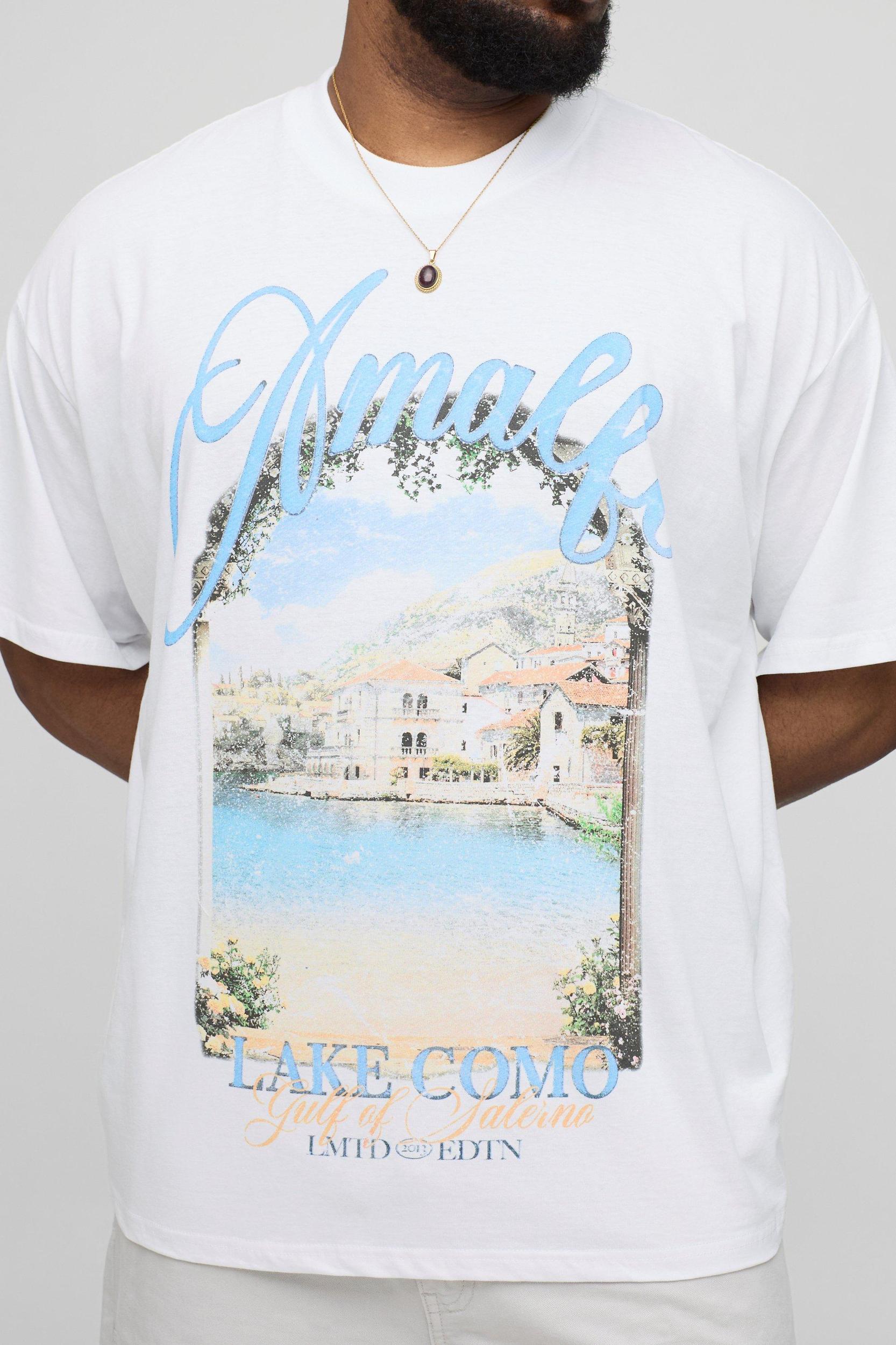 Plus Oversized Extended Neck Amalfi Landscape Print T-Shirt | boohooMAN USA Product Image