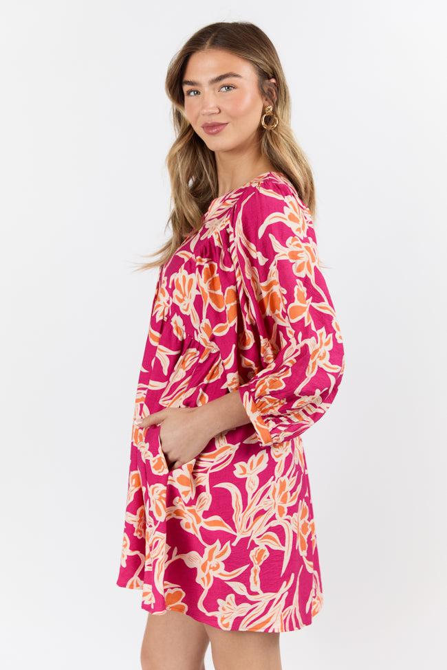 Keep The Flowers Fuchsia Floral Print Long Sleeve Mini Dress FINAL SALE Product Image