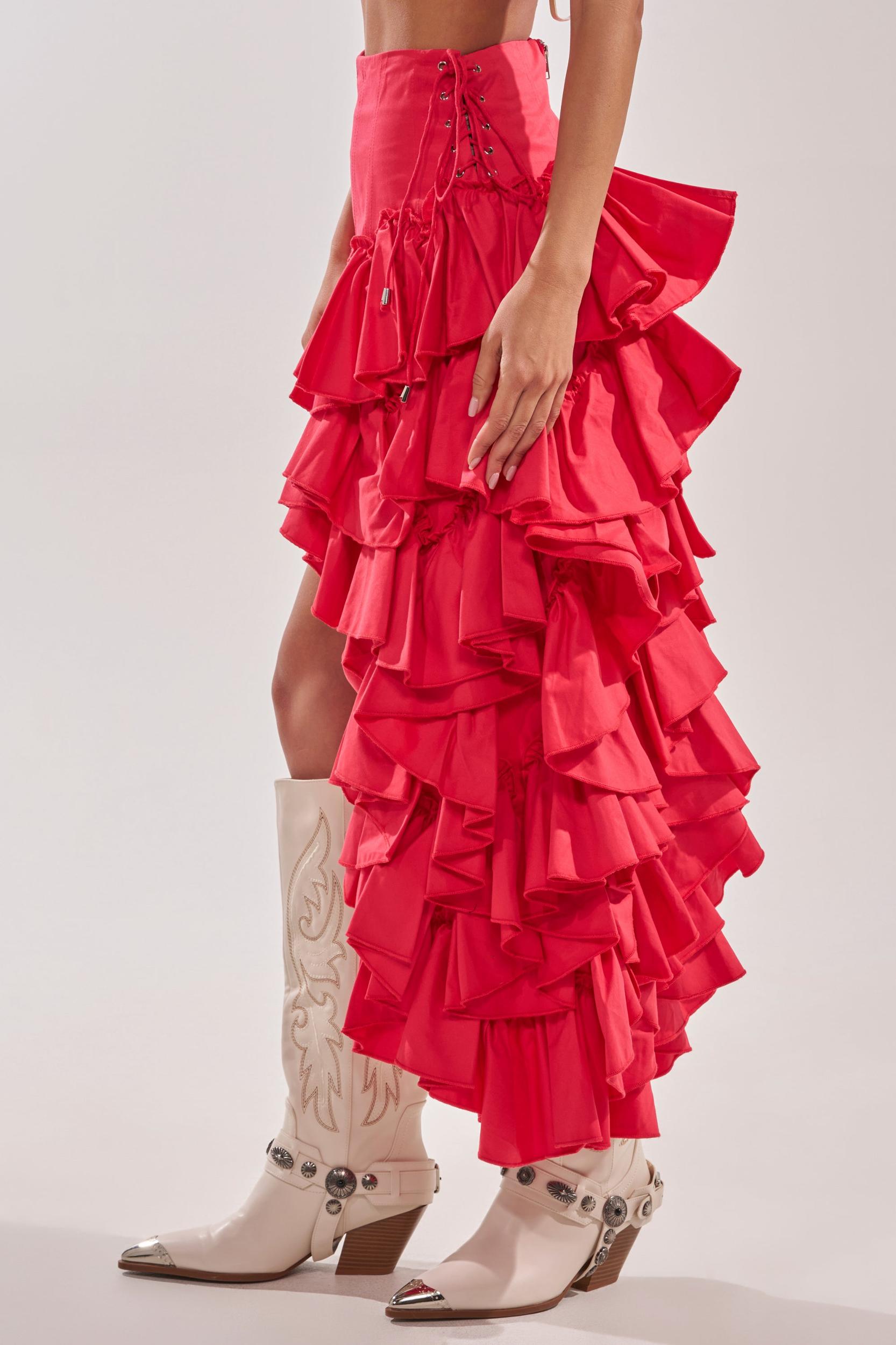 CLAIRE HIGH LOW RUFFLE SKIRT IN RED Product Image