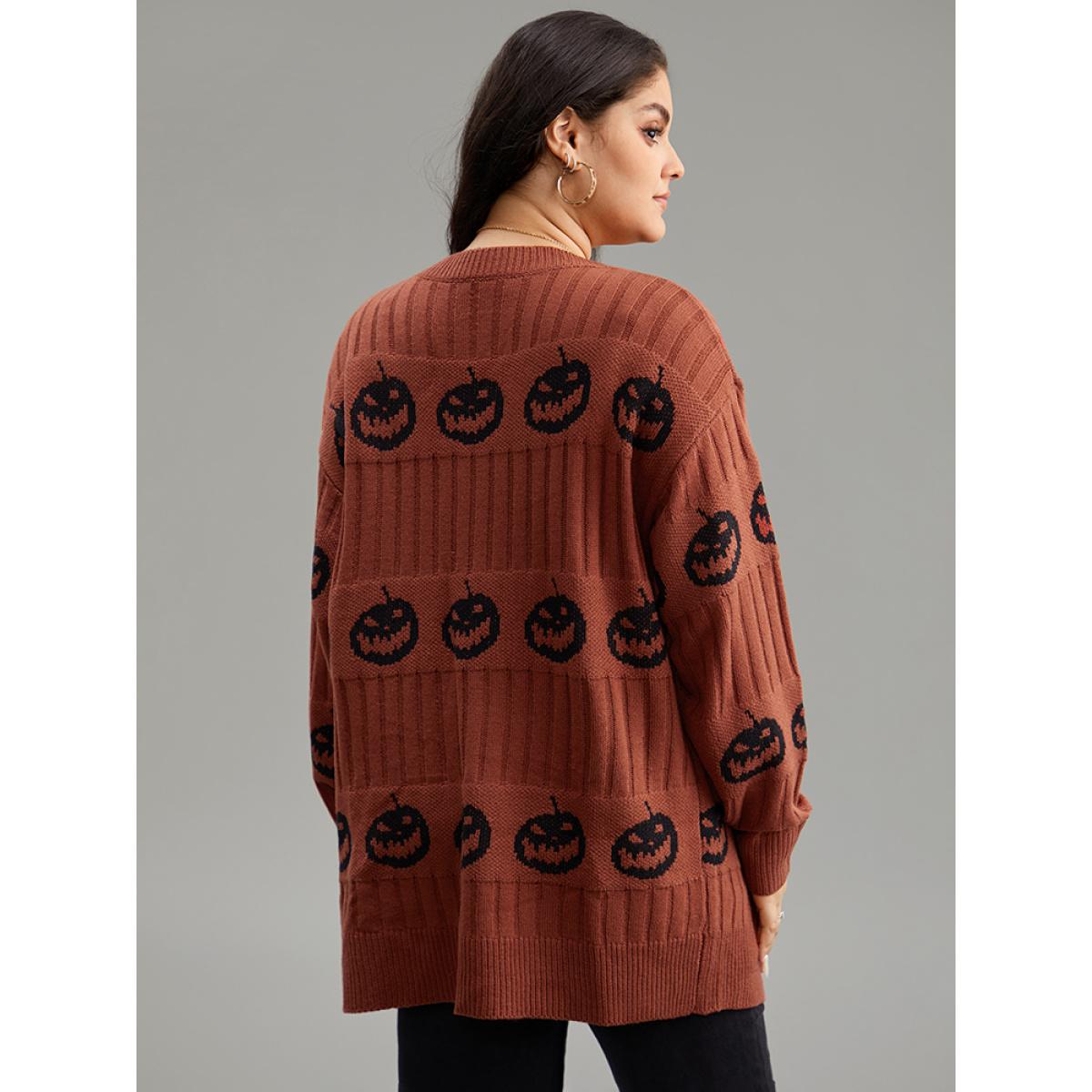 Plus Size Halloween Pumpkin Graphic Open Front Cardigan Rust Women Casual Loose Long Sleeve Festival-Halloween Cardigans BloomChic 22-24/3X Product Image