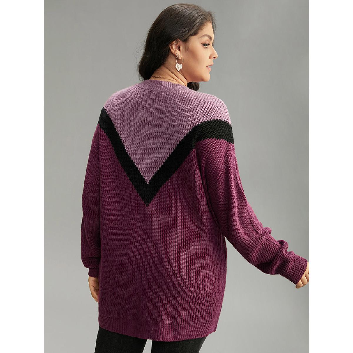 Plus Size Colorblock Contrast Drop Shoulder Loose Pullover Multicolor Women Casual Loose Long Sleeve Round Neck Dailywear Pullovers BloomChic 28/5X Product Image