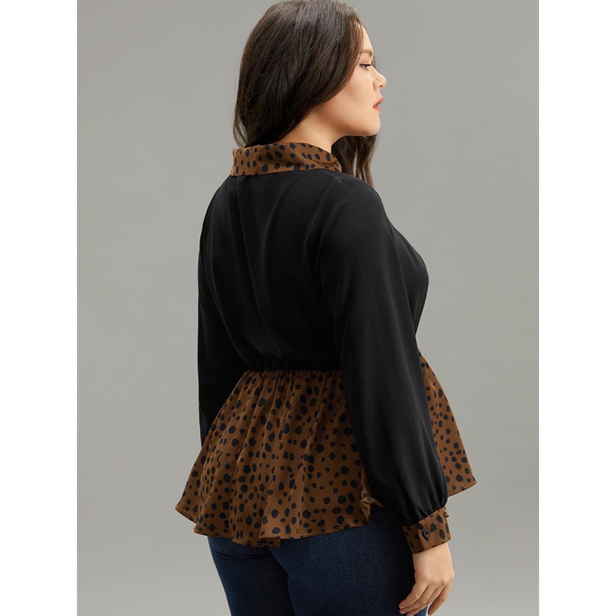 Plus Size Black Leopard Patchwork Elastic Waist Blouse Women Elegant Long Sleeve Lapel Collar Dailywear Blouses BloomChic 18-20/2X Product Image
