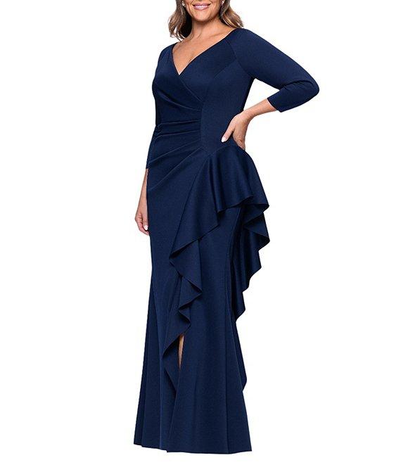 Xscape Plus Size 3/4 Sleeve Ruched Scuba Gown Product Image