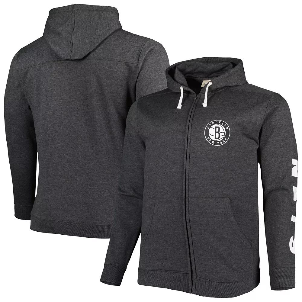 Men's Fanatics Branded Heathered Black Brooklyn Nets Big & Tall Down and Distance Full-Zip Hoodie,  Product Image