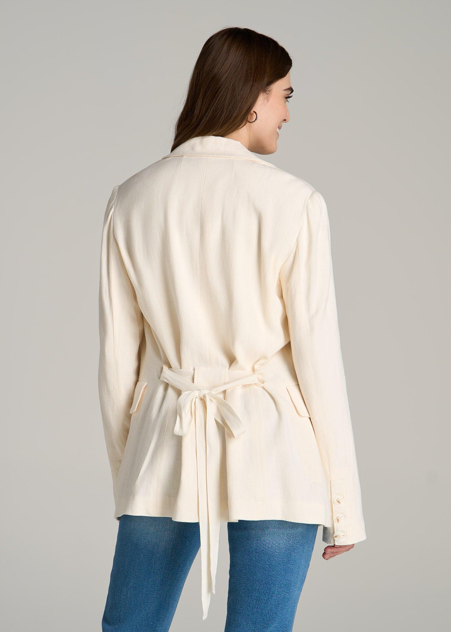 Linen Blend Tie Back Blazer For Tall Women in White Alyssum Female Product Image