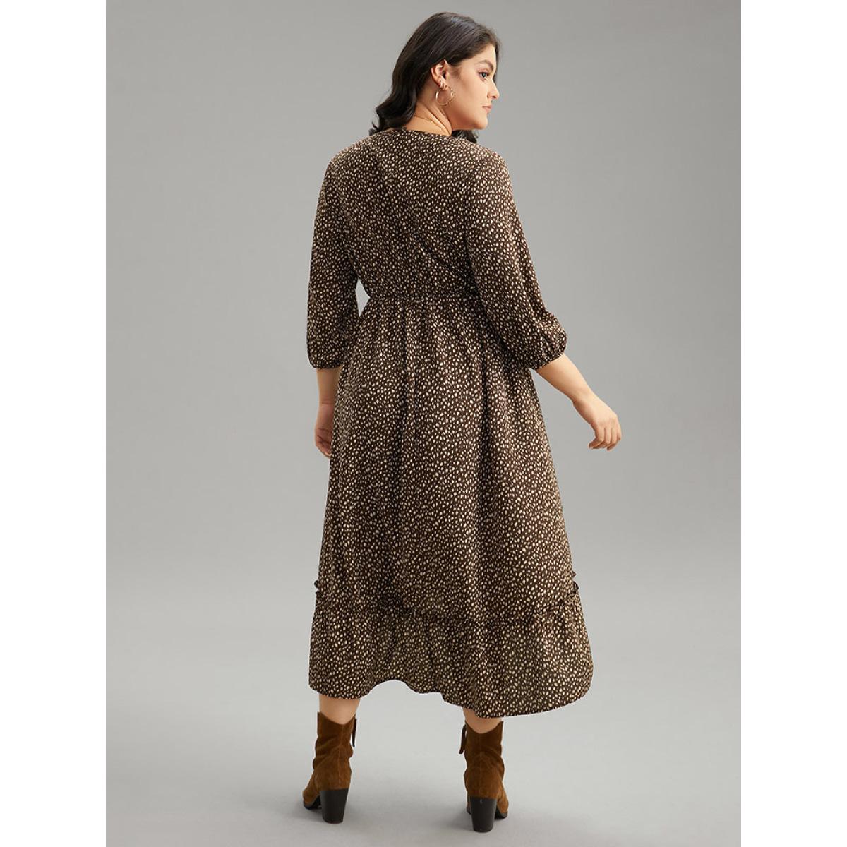 Plus Size Leopard Lantern Sleeve Ruffles Frill Trim Dress DarkBrown Women Vacation Elastic cuffs V-neck Elbow-length sleeve Curvy Midi Dress BloomChic 18-20/2X Product Image
