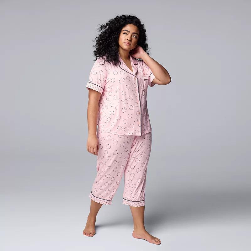 Plus Size Simply Vera Vera Wang Cozy Short Sleeve Notch Collar Pajama Top & Capri Pajama Pants Set, Women's, Size: 2XL, Blush Circles Product Image