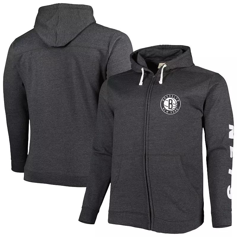 Men's Fanatics Branded Heathered Black Brooklyn Nets Big & Tall Down and Distance Full-Zip Hoodie,  Product Image