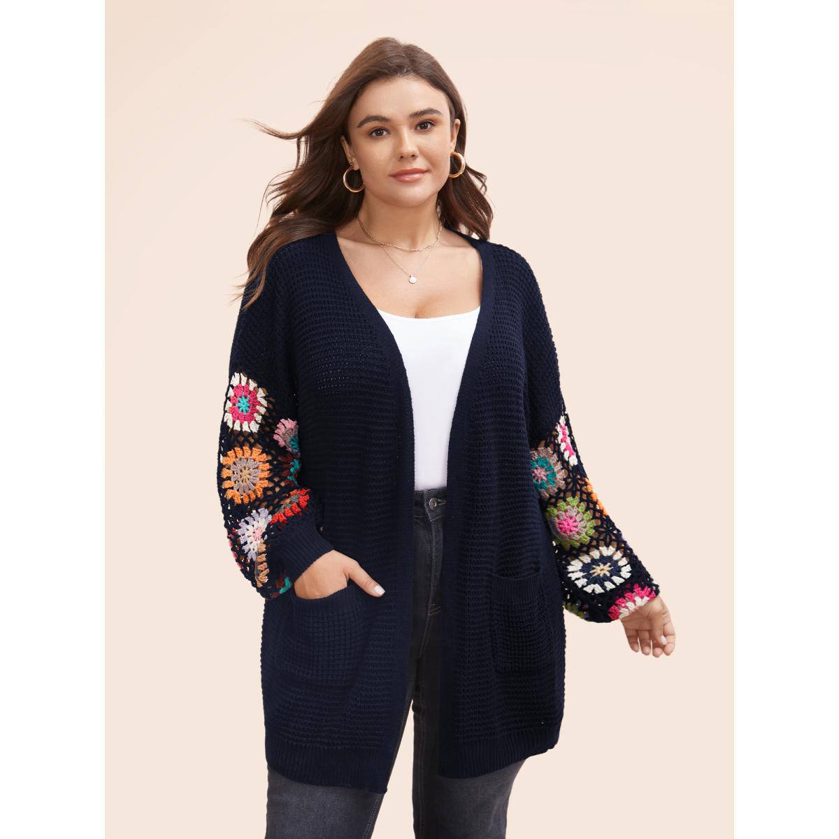 Plus Size Crochet Floral Drop Shoulder Cut Out Cardigan Midnight Women Resort Loose Long Sleeve Vacation Cardigans BloomChic 28/5X Product Image