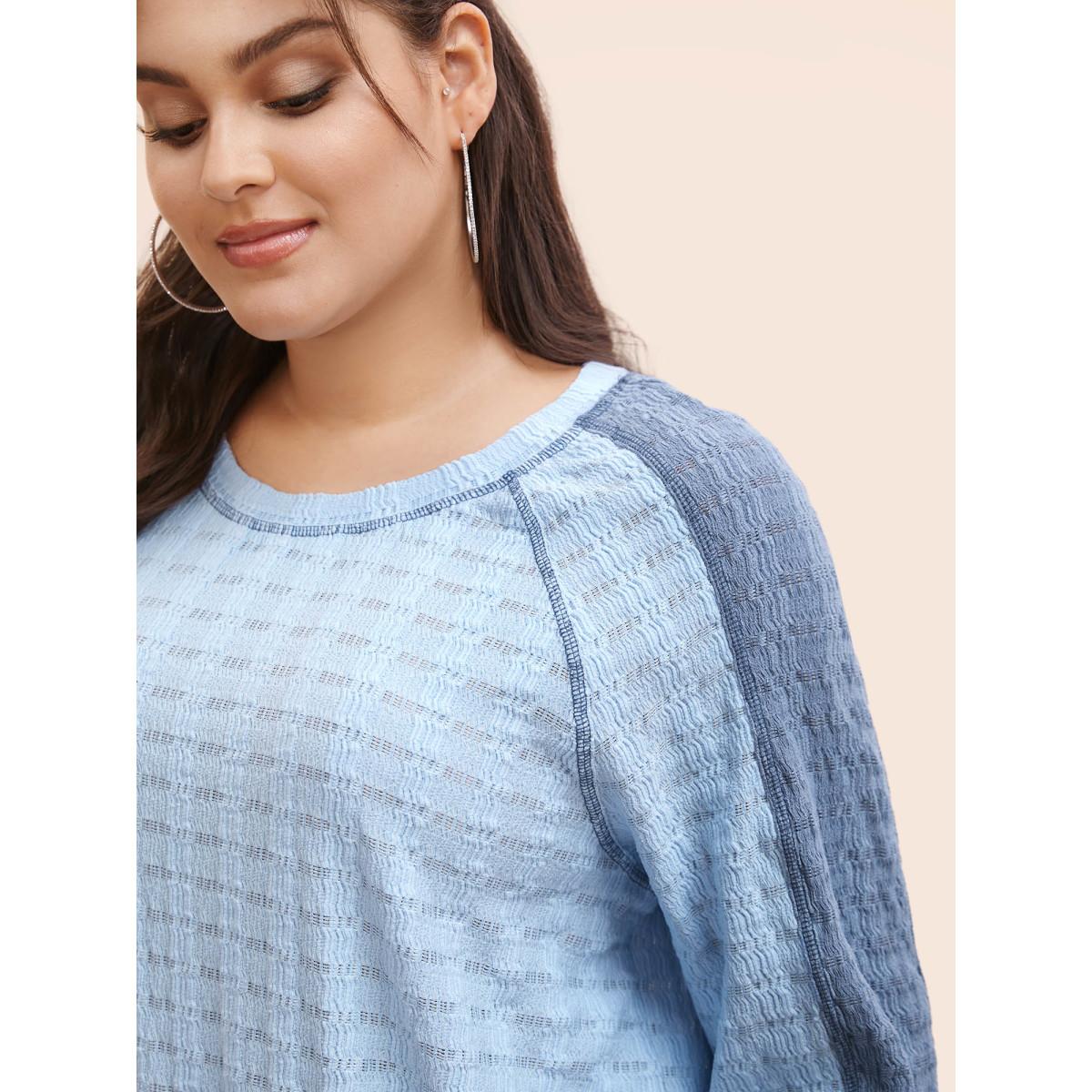 Plus Size Contrast Patchwork Texture Raglan Sleeve T-shirt LightBlue Women Casual Texture Round Neck Everyday T-shirts BloomChic 30/6X Product Image