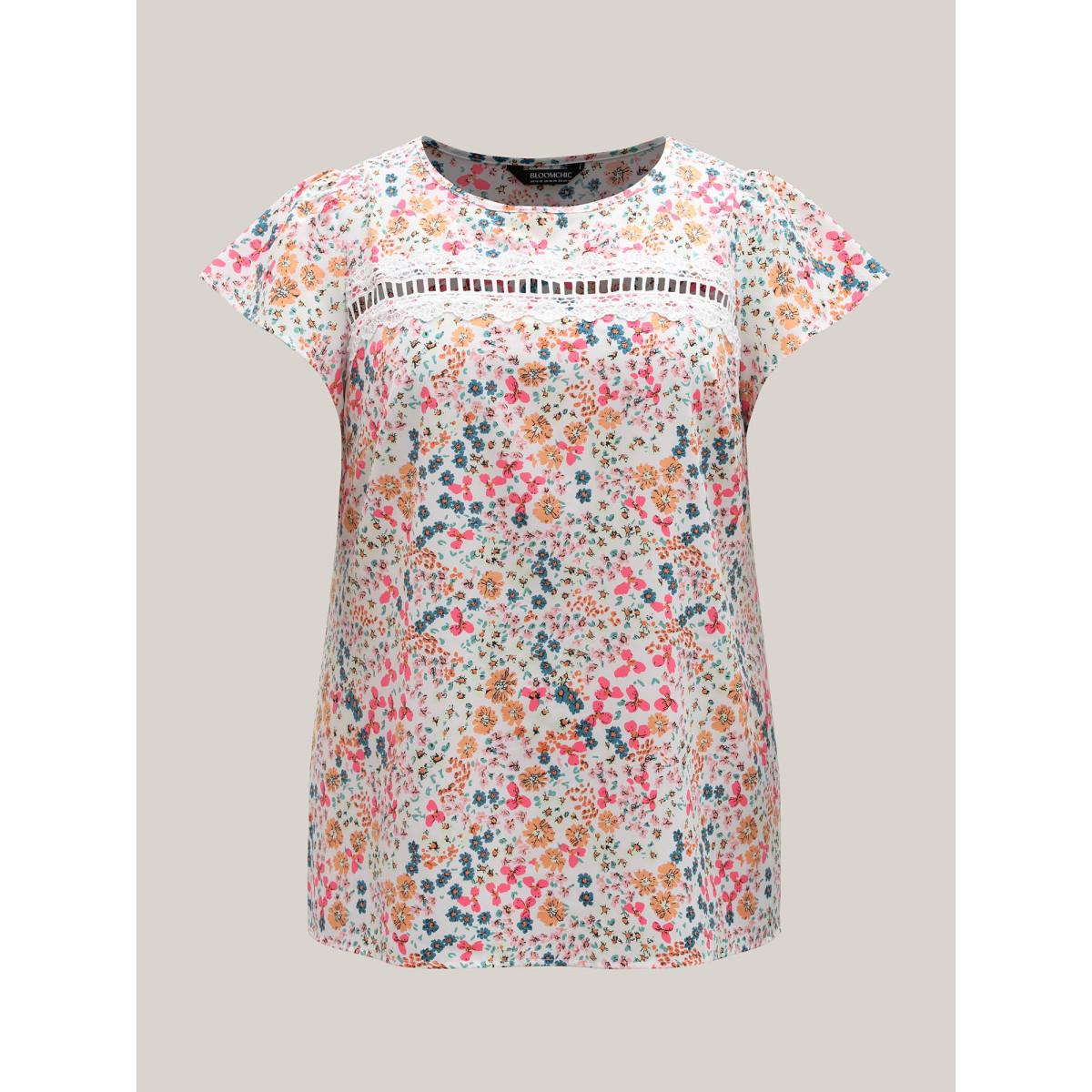 Plus Size WhiteSmoke Multi-Color Floral Print Lace Spliced Blouse Women Timeless Cap Sleeve Round Neck Elegant Blouses BloomChic 30/6X Product Image
