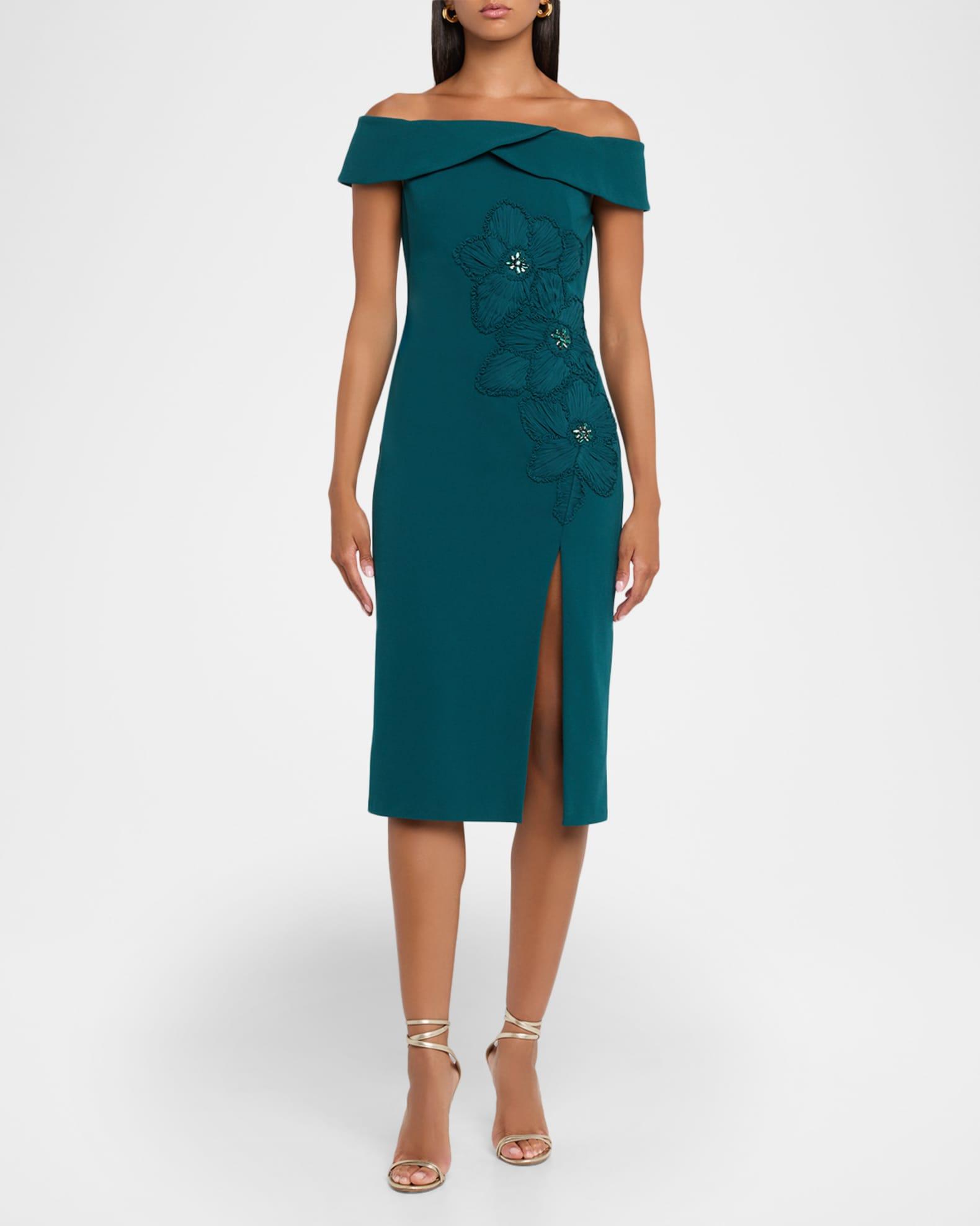 Off-Shoulder Applique Crepe Midi Dress Product Image