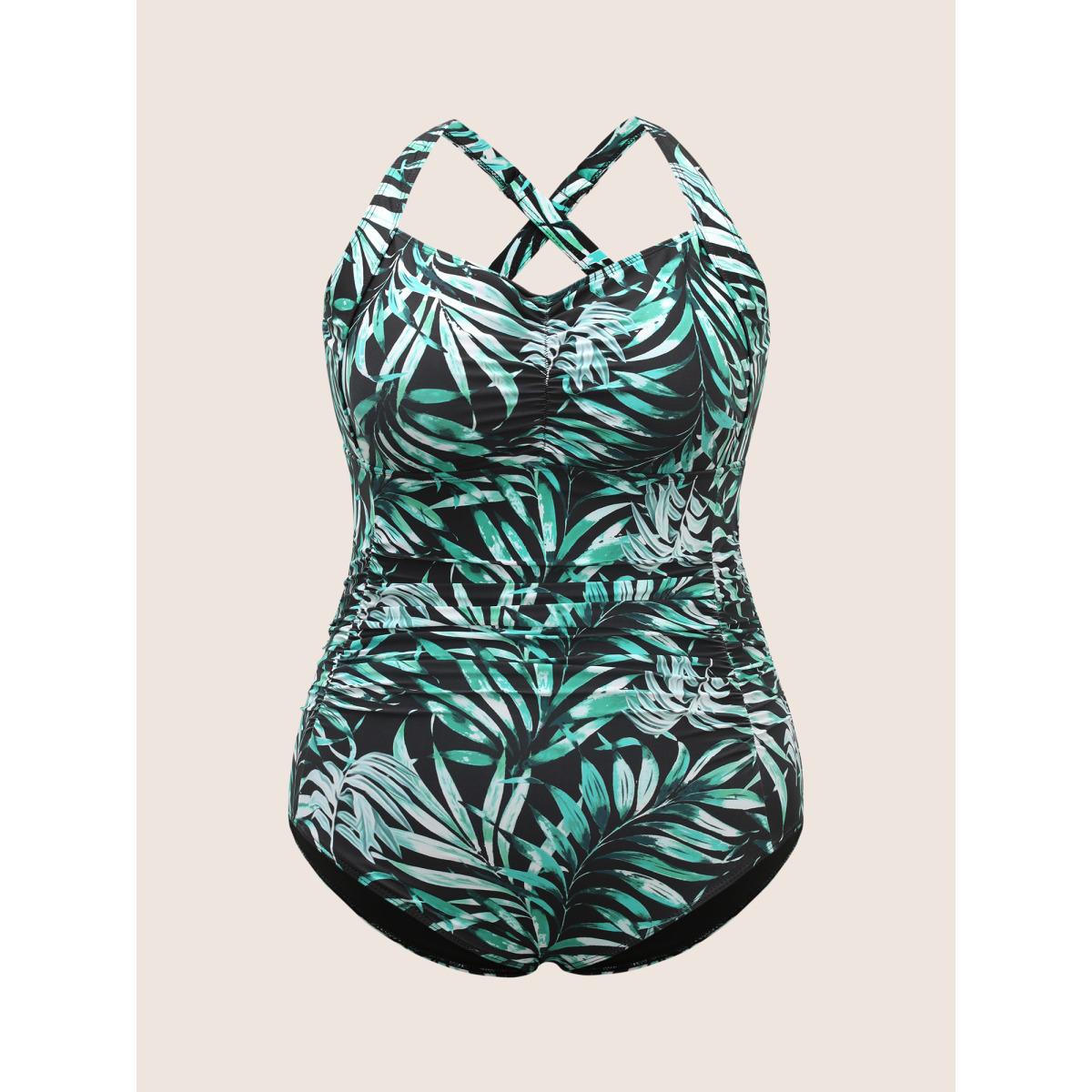 Plus Size Tropical Print Heart Neckline Ruched One Piece Swimsuit Women's Swimwear Emerald Beach Gathered Curve Bathing Suits High stretch One Pieces BloomChic 30/6X Product Image