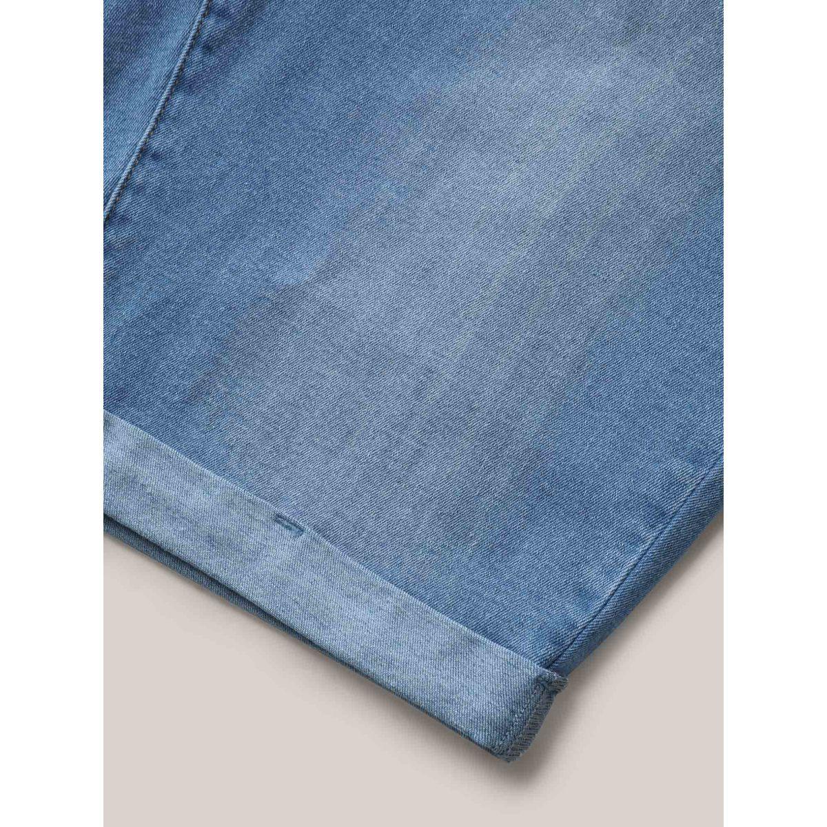 Plus Size Pull-On Stretchy Waist Denim Shorts Women Denimblue Medium stretch Casual Slanted pocket Leisure Denim Shorts BloomChic 10/M Product Image