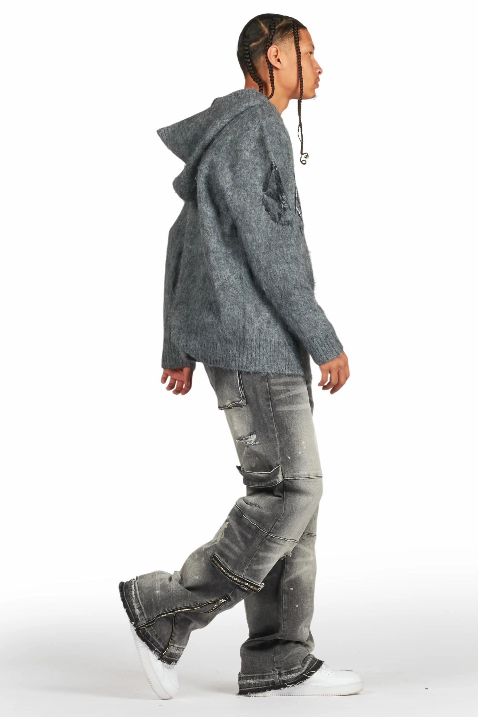 Wizzurd Grey Graphic Knitted Mohair Hoodie Male Product Image