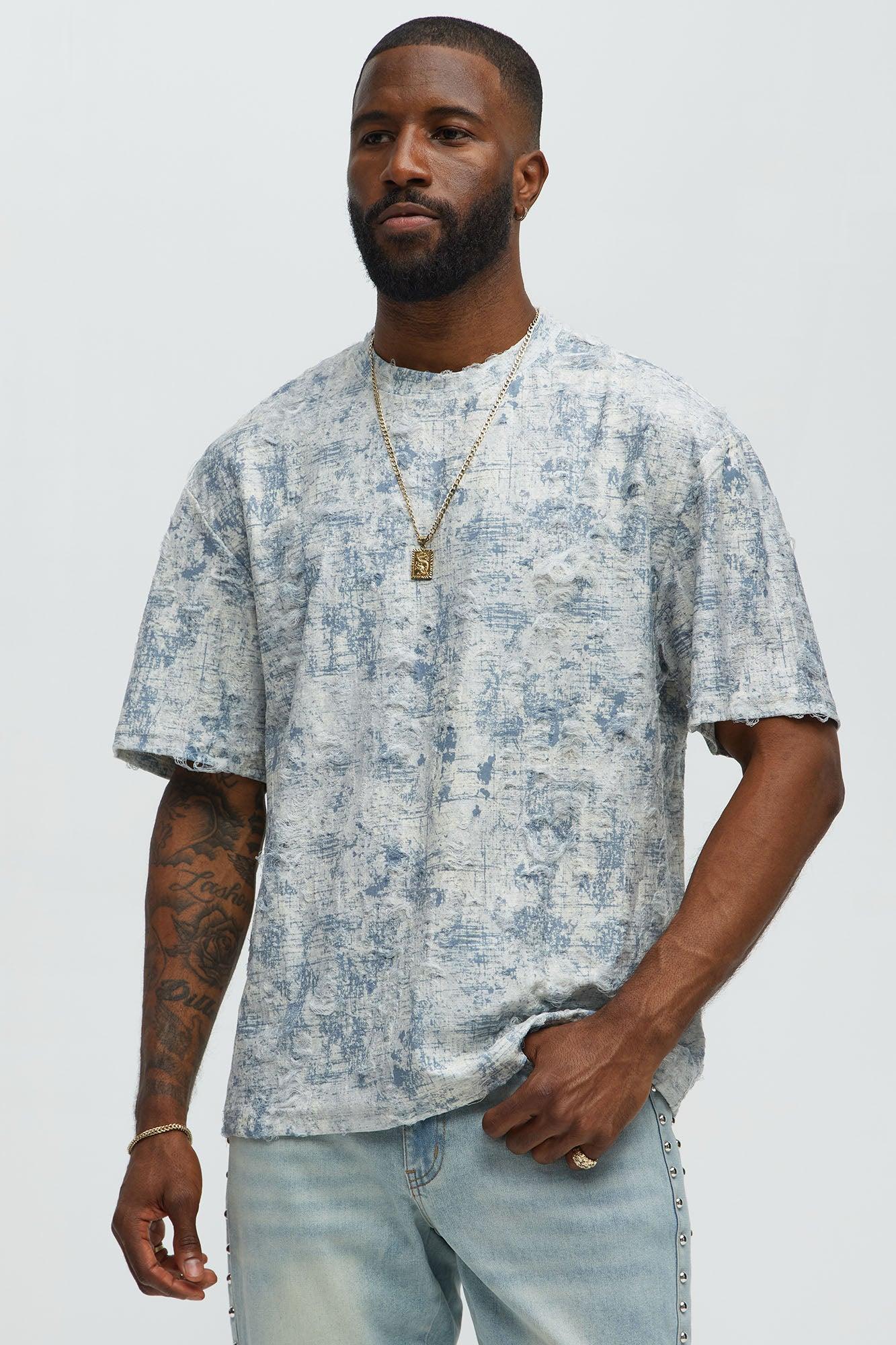 Distressed Relaxed Short Sleeve Tee Shirt - Cream Male Product Image