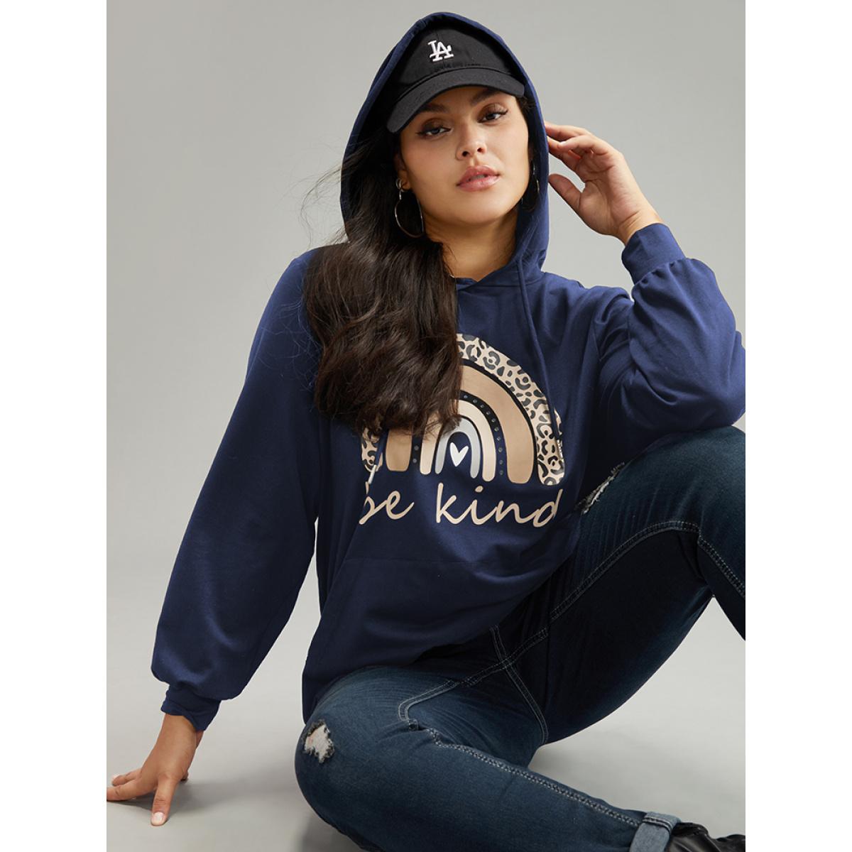 Plus Size Rainbow Print Hooded Pocket Drawstring Sweatshirt Women DarkBlue Casual Elastic cuffs Dailywear Sweatshirts BloomChic 10/M Product Image
