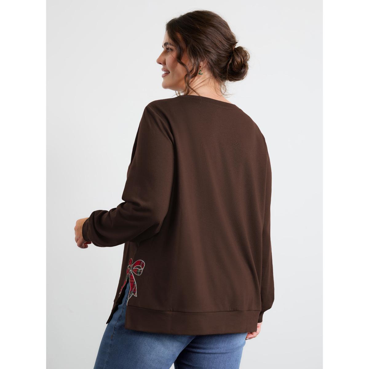Plus Size Merry Applique Embroidery Sweatshirt Women DarkBrown Playful Contrast Round Neck Casual Sweatshirts BloomChic 12/L Product Image