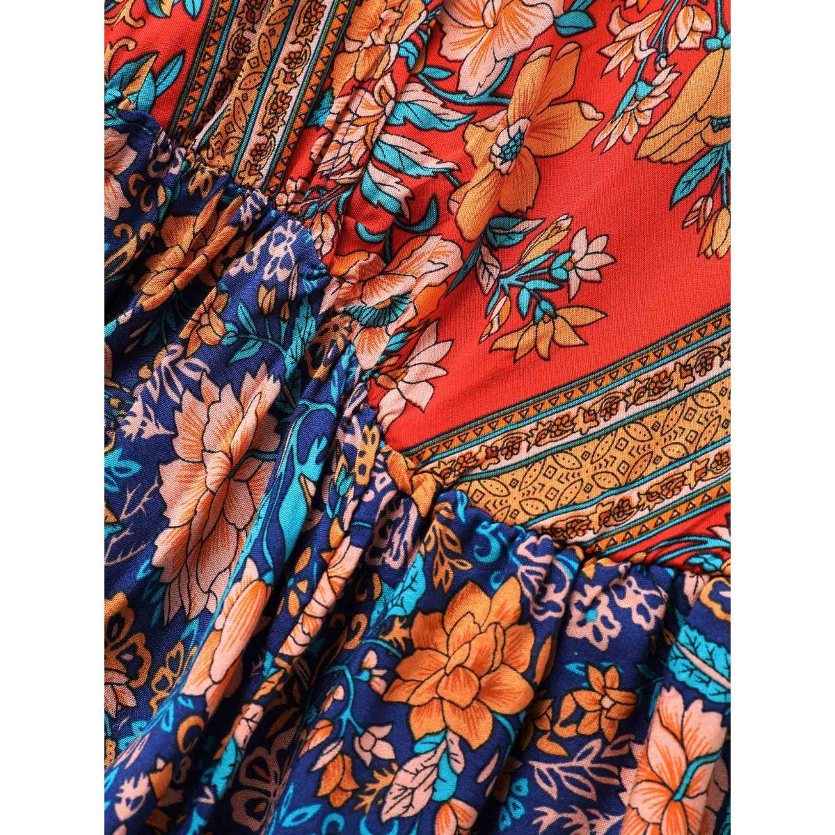 Plus Size Bandana Surplice Neck Pocket Belted Flutter Hem Maxi Dress DarkBlue Women Boho Non V-neck Short sleeve Curvy Long Dress BloomChic 14-16/1X Product Image