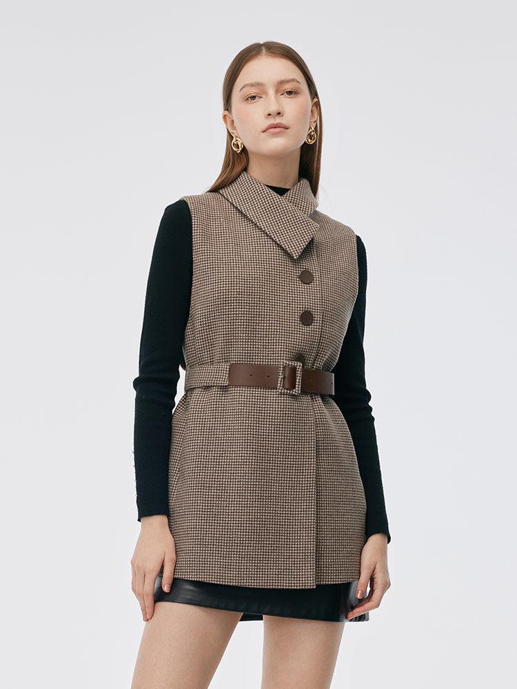 100% Washable Wool Beige Check Cape And Vest Two-Piece Set With Belt Product Image