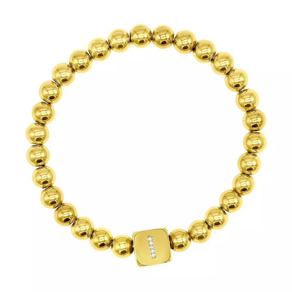 Adornia Gold Tone Initial Cubic Zirconia Cube & Bead Stretch Bracelet, Womens Product Image