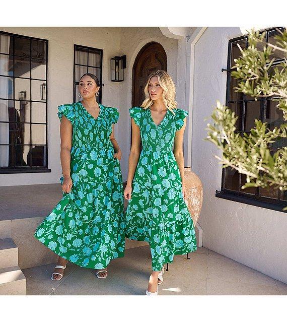 Sugarlips Plus Size Tropical Floral Print V-Neck Ruffle Cap Sleeve Smocked Bodice Tiered Long Dress Product Image