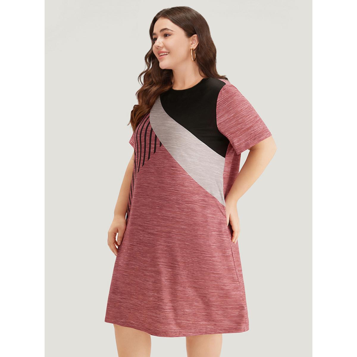 Plus Size Colorblock Contrast Striped Pocket Crew Neck Dress Russet Women Casual Patchwork Round Neck Short sleeve Curvy Midi Dress BloomChic 28/5X Product Image
