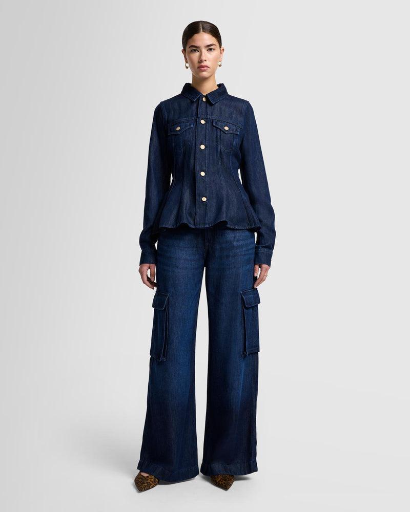 Denim Lustre Flounce Trucker Jacket Product Image